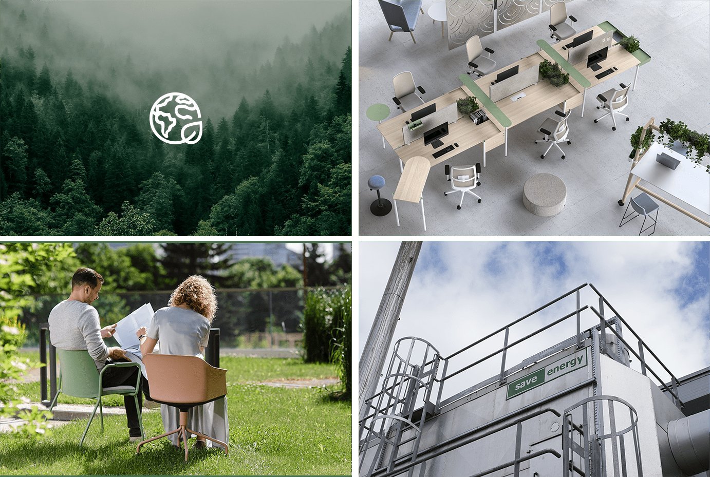 Forêt, espace de bureau aménagé, réunion en extérieur et installation « save energy »