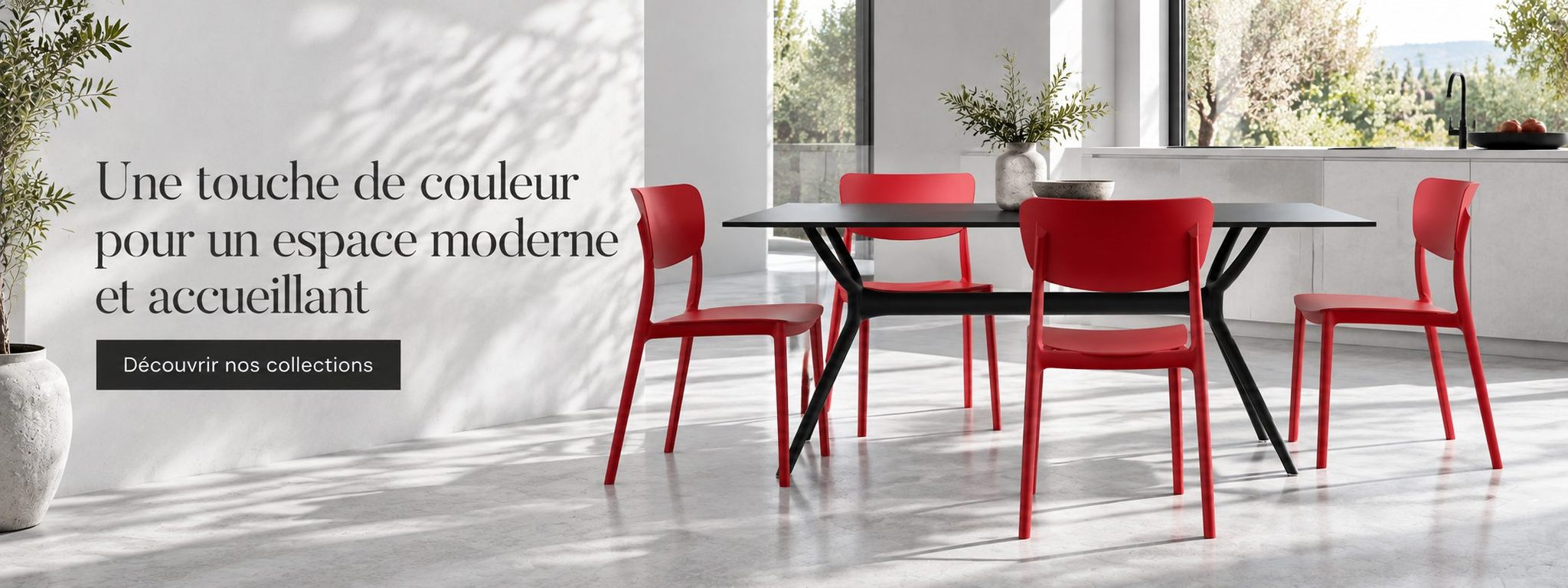 Chaises de cafétéria rouges autour d'une table noire CARAY